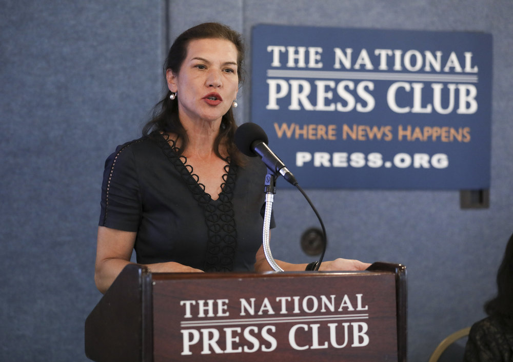 Louisa Greve, member ETAC International Advisory Committee, and Director of External Affairs, Uyghur Human Rights Project, speaks at the National Press Club on Latest Developments in China’s On-demand Killing of Prisoners of Conscience for Organs in Washington on July 15, 2019. (Samira Bouaou/The Epoch Times)