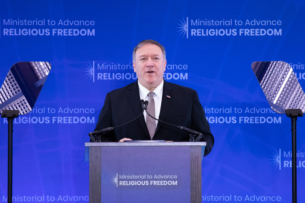 Secretary of State Mike Pompeo address keynote speech at the Ministerial to Advance Religious Freedom in Washington DC on July 18, 2019. (Lynn Lin/Epoch Times)