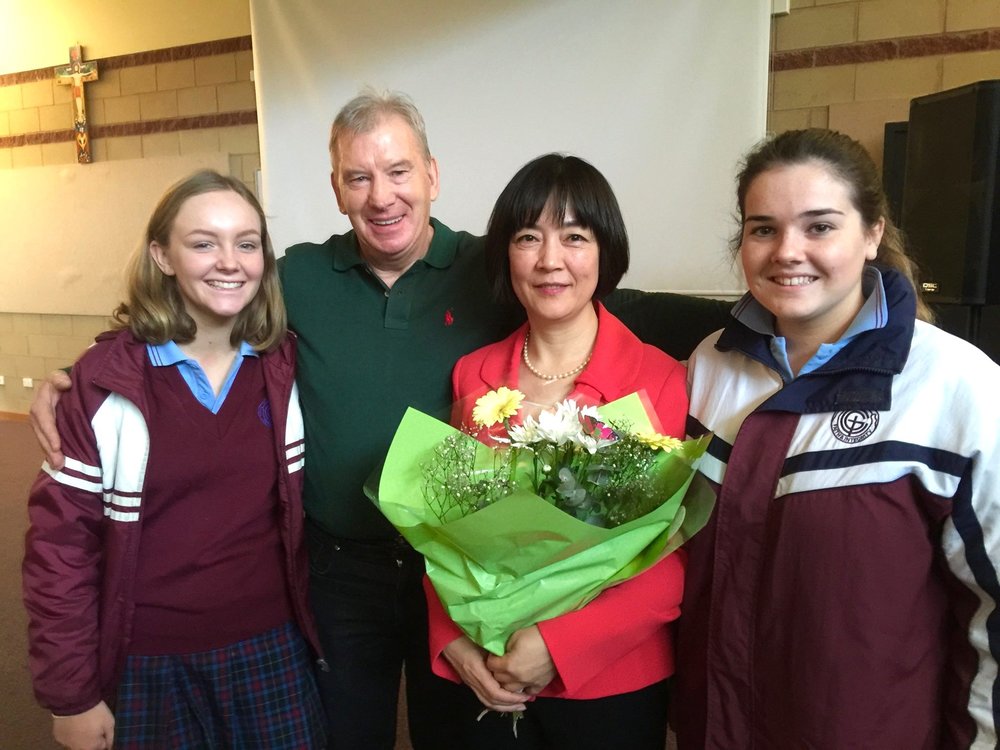 Jennifer with Tim Ellis and two of his students after she spoke to about 150 year 11 students of Galen Catholic College at Wangaratta, Vic, Australia in June 2016. Segments of  Free China: The Courage to Believe  were also played during her speech.