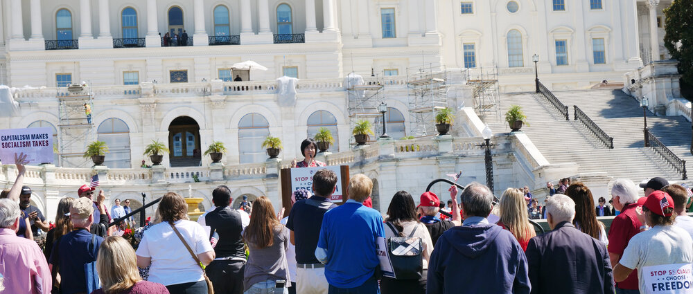 Jennifer speaks at “Stop Socialism Choose Freedom” rally at Washington DC on Sep. 19, 2019. Credit: Sound of Hope Radio.