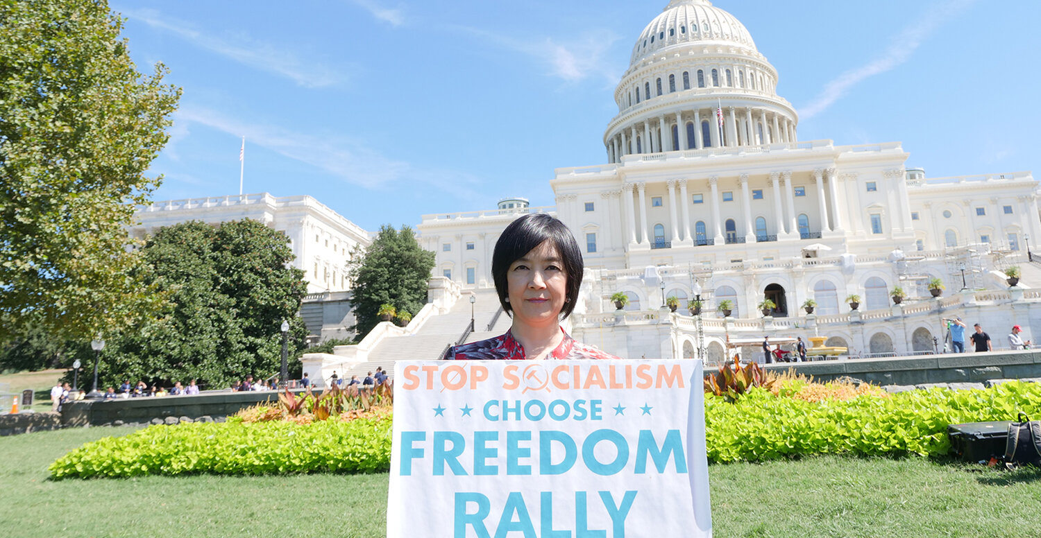 Jennifer speaks at “Stop Socialism Choose Freedom” rally at Washington DC on Sep. 19, 2019. Credit: Sound of Hope Radio.