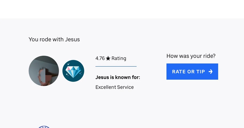 Jesus（耶穌）載我回家（又：爲保護隱私，我把他的臉打了點馬賽克。）