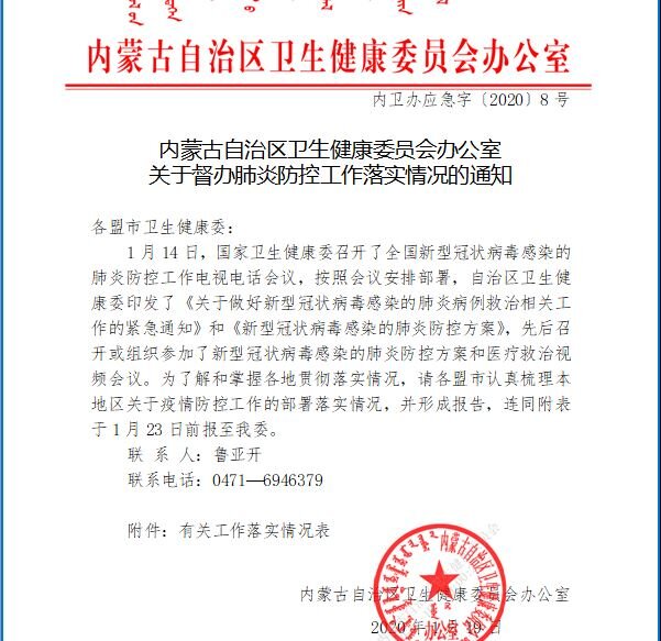 Notification from the Office of Inner Mongolia Health Commission on Supervising the Implementation of Pneumonia Prevention and Control Work