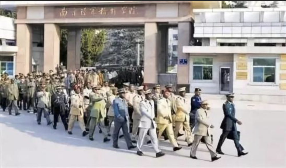 African military personnel marching in front of Nanjing Army Command College.