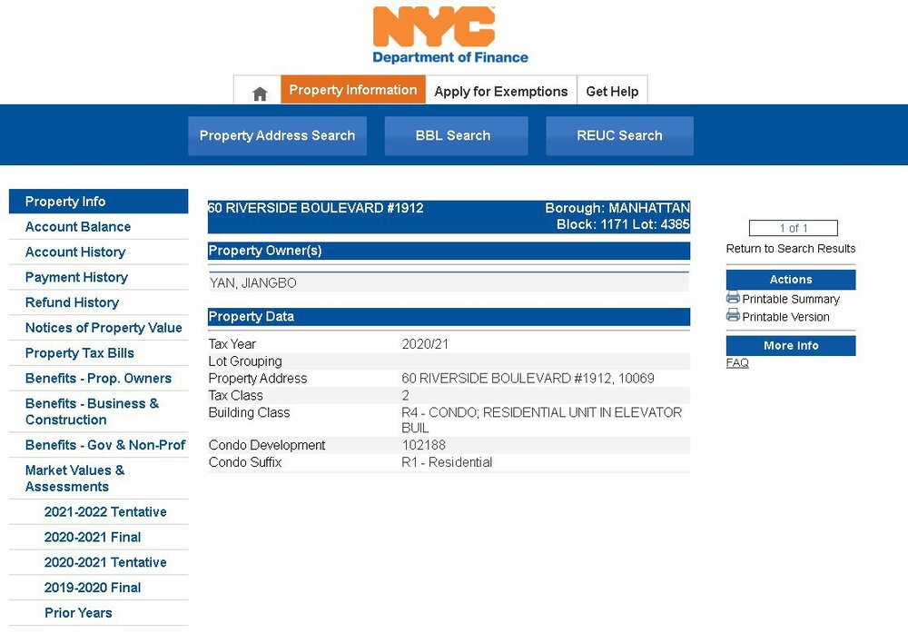 紐約政府網站上房產 60 Riverside Blvd, Apt 1912的業主信息。