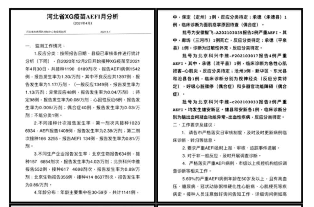 Internal report  from the Hebei CDC’s Immunization Planning Institute. The report was issued in April. Its title is: “Monthly Analysis of COVID-19 Vaccine AEFI (Adverse Events Following Immunization) in Hebei Province.” 