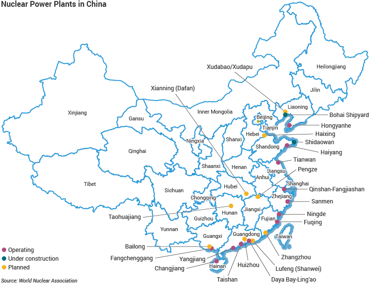 A screenshot of nuclear power plants in China from World Nuclear Association. (Screenshot via The Epoch Times)