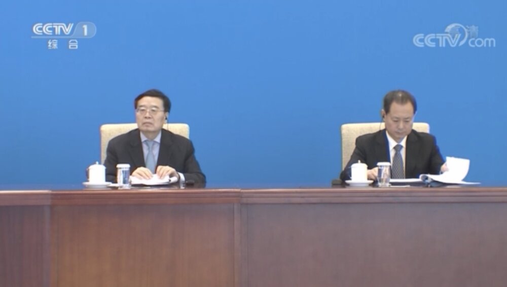 Screenshot from a CCTV（China Central TV) report at https://politics.cntv.cn/special/gwyvideo/zhaokezhi/202106/2021062301/index.shtml showing Dong Jingwei(R) attending the 16th meeting of the Security Councils Secretaries of the Shanghai Cooperation Organization member states on June 23, 2021.
