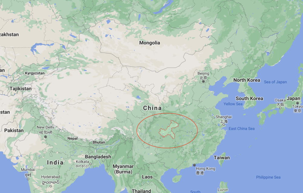 Map of China. The  irregular red area is where Chongqing City is. 