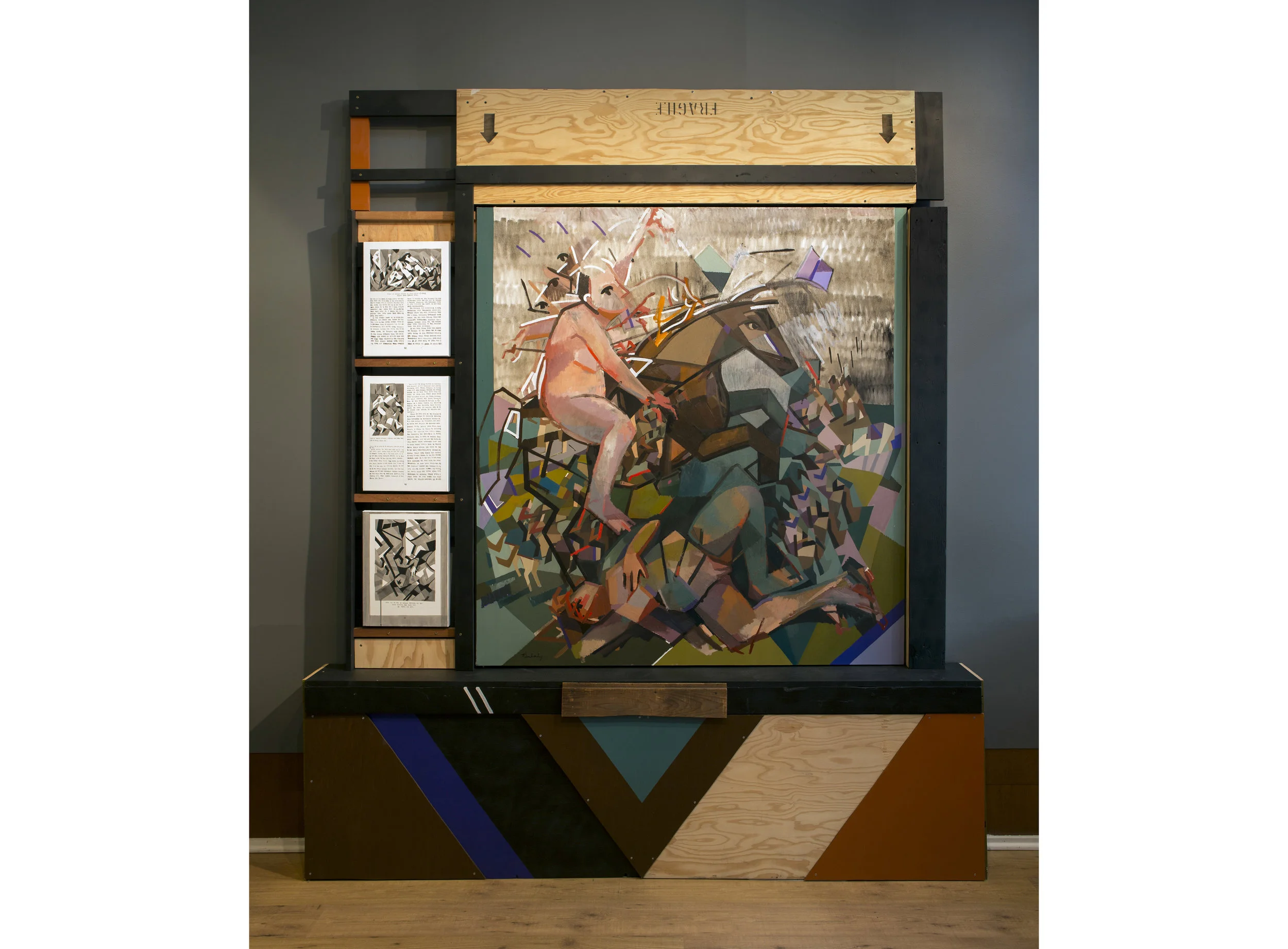 Tantrum and the Aftermath , Oil, Canvas, Wood, Spray Paint, Gouache Altarpiece, 112” x 96” x 12,” 2013. Image by Joe Rudko.