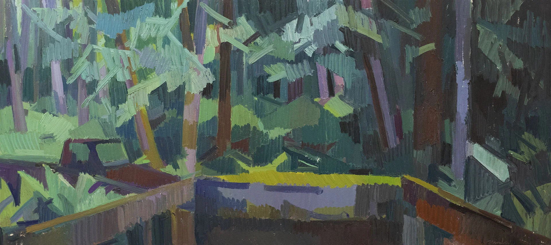Truck & Forest at Twilight , Oil on Paper, 16" x 36," 2018. Private Collection.