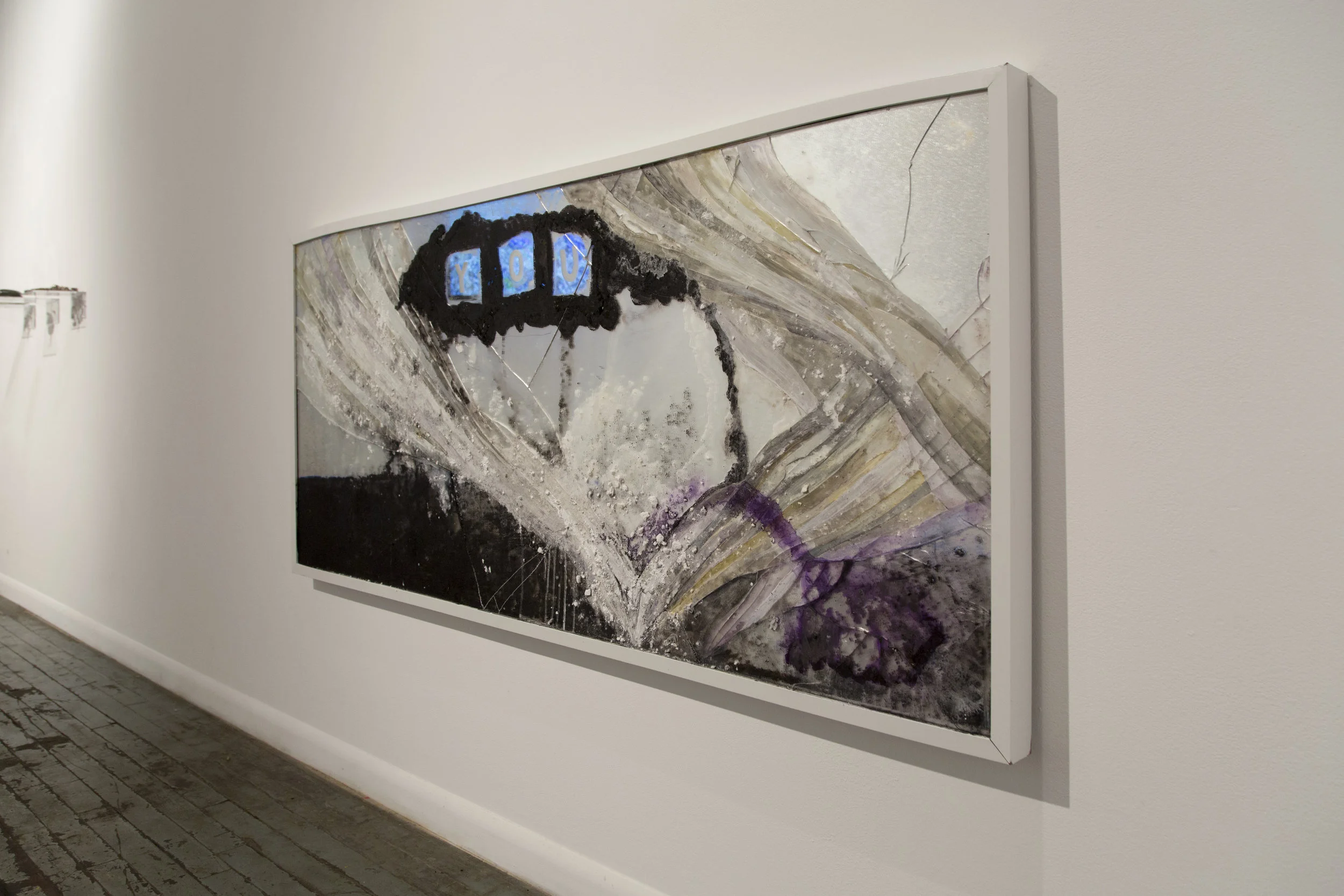You, The Bride (after Marcel Duchamp) , 2017, broken etched mirror, lithium salt, cuttlefish ink, acrylic and gouache, dust, and reflection