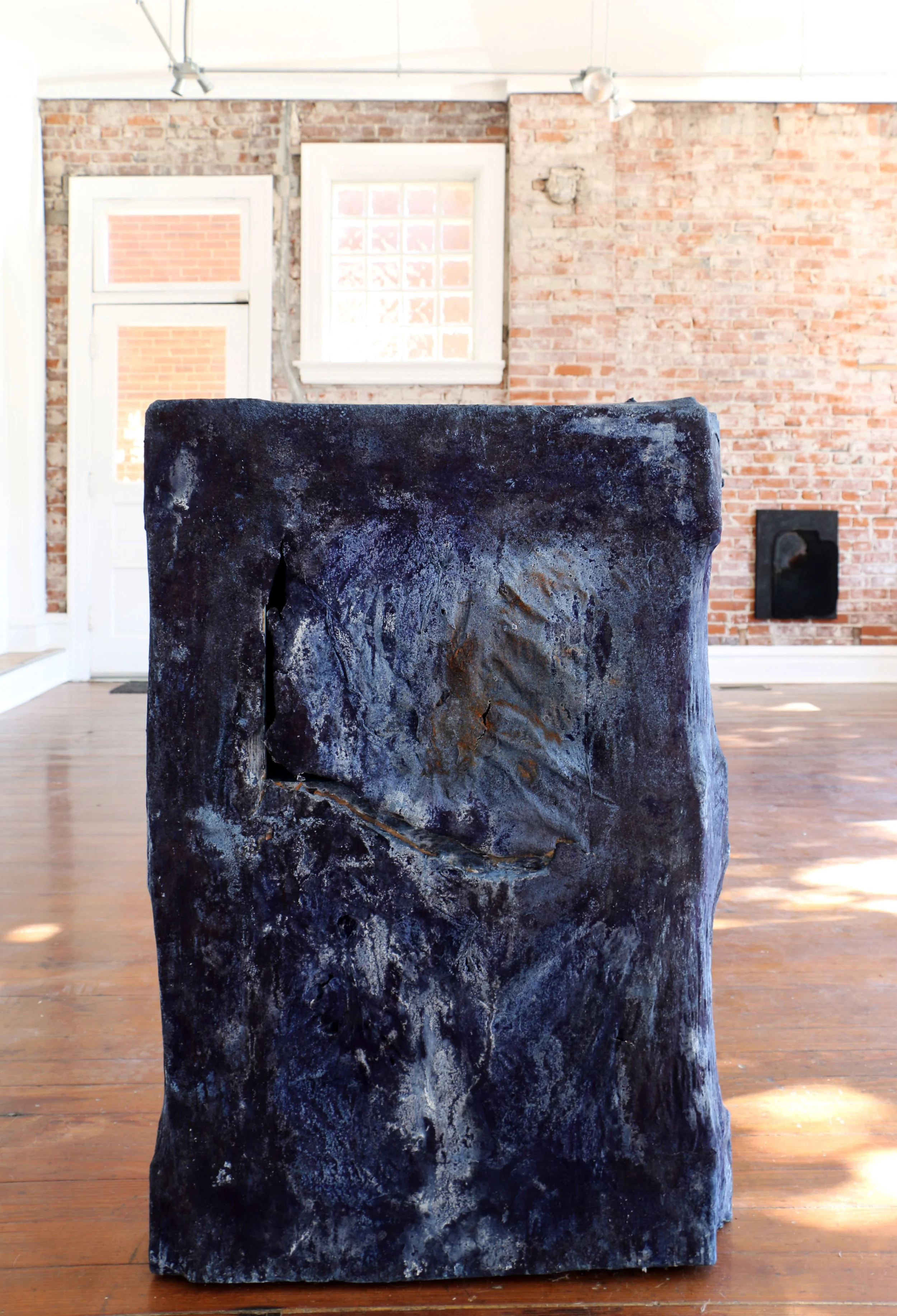 A Flensing Plan , 2016, indigo, salt, iron oxide, handmade paper, painted sanded pallet