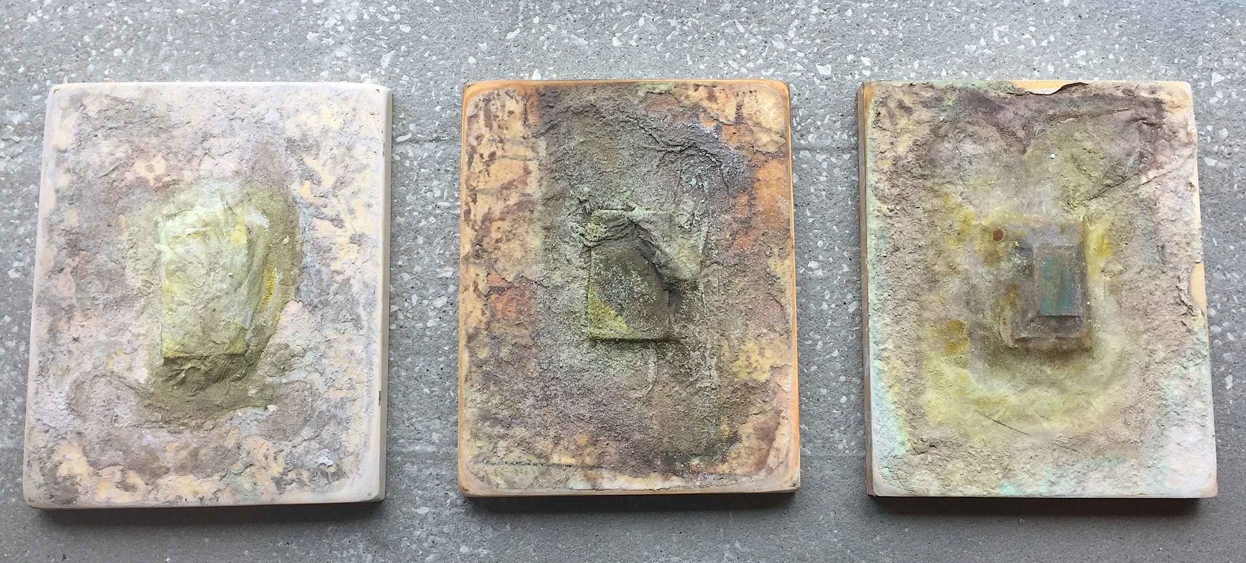   Still I, II, III , 2016, steel letterpress chase, found book block, leather book binding, handmade paper, salt, and hydrochloric acid on sanded wood panels 