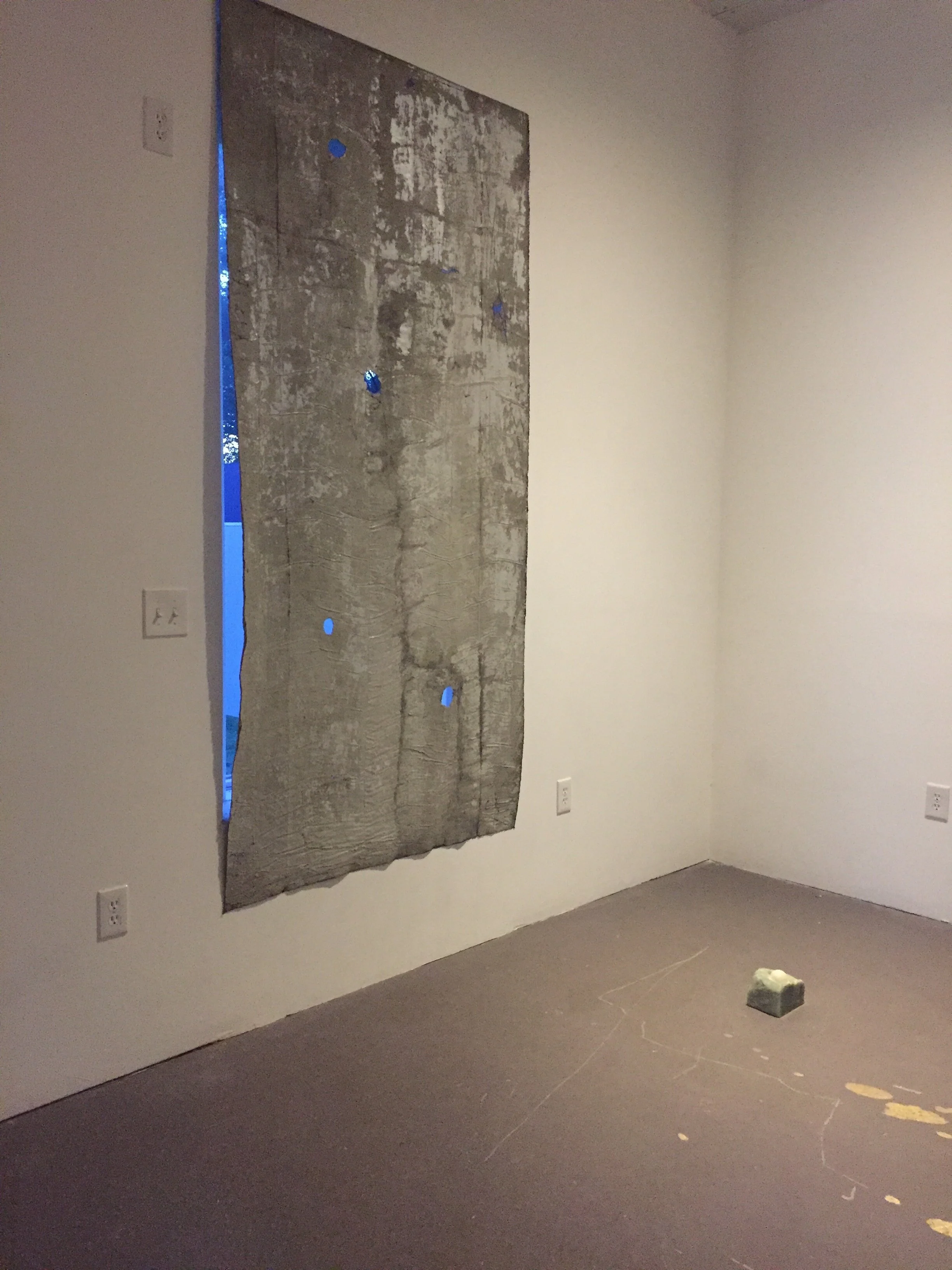  Marie Bannerot McInerney,  No Stars till You Go to the Country,  2017, concrete, cotton, gold, silver, graphite, charcoal, light, and time / Catalina Ouyang,  font II,  2016, raw egg, white vinegar, soapstone, beeswax 