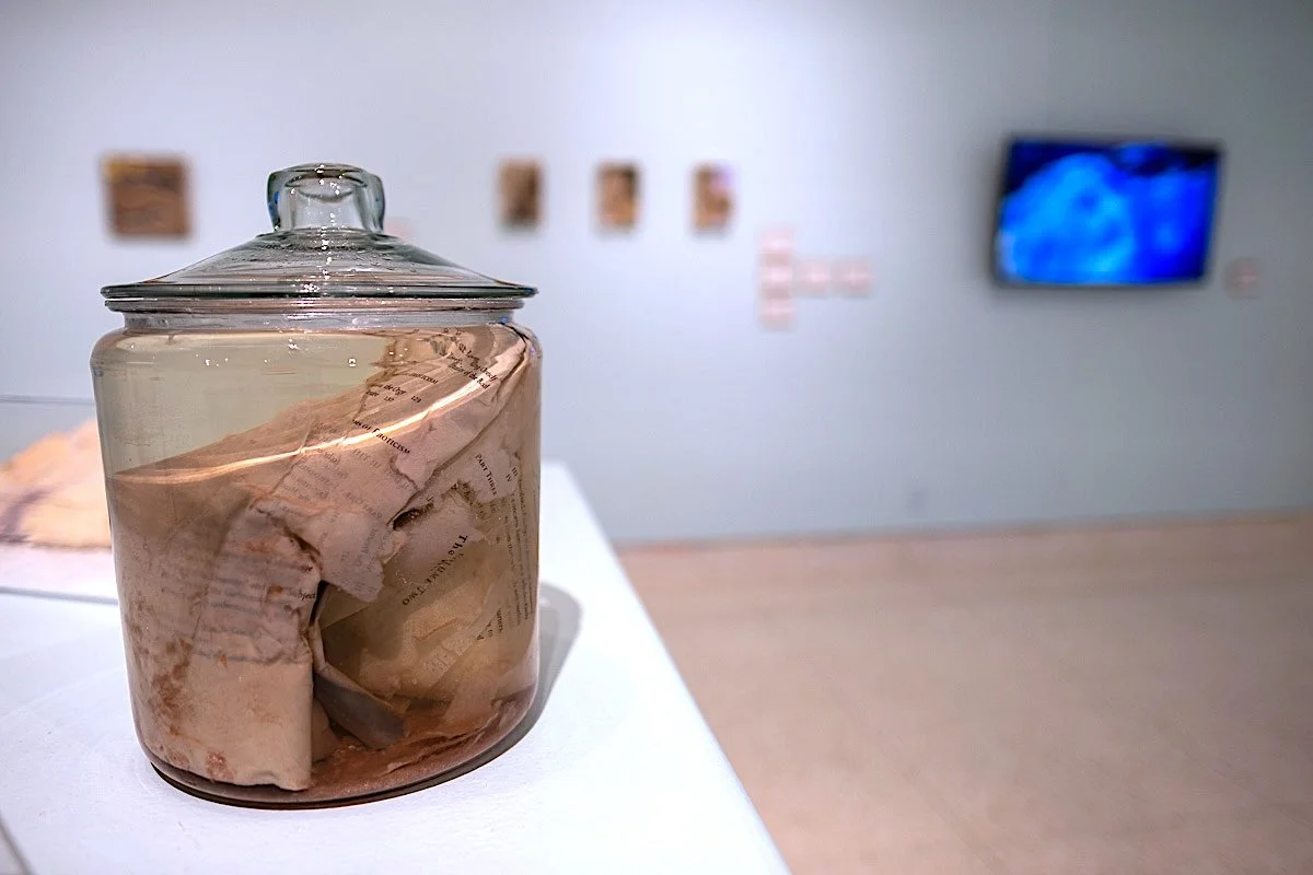   Accursed Book: Eroticism  (installation view), 2025-26, saltwater, The Accursed Share by George Batailles, glass enclosure, 8" x 11" x 8" 