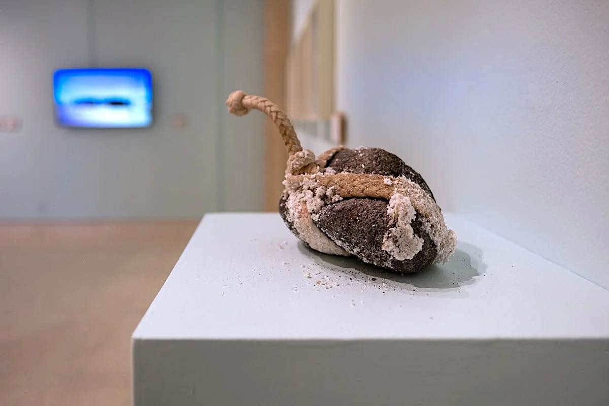   Handled Weight (a performative object),  2025-26, basalt, braided hobble, salts, 9" x 10" x 6" 