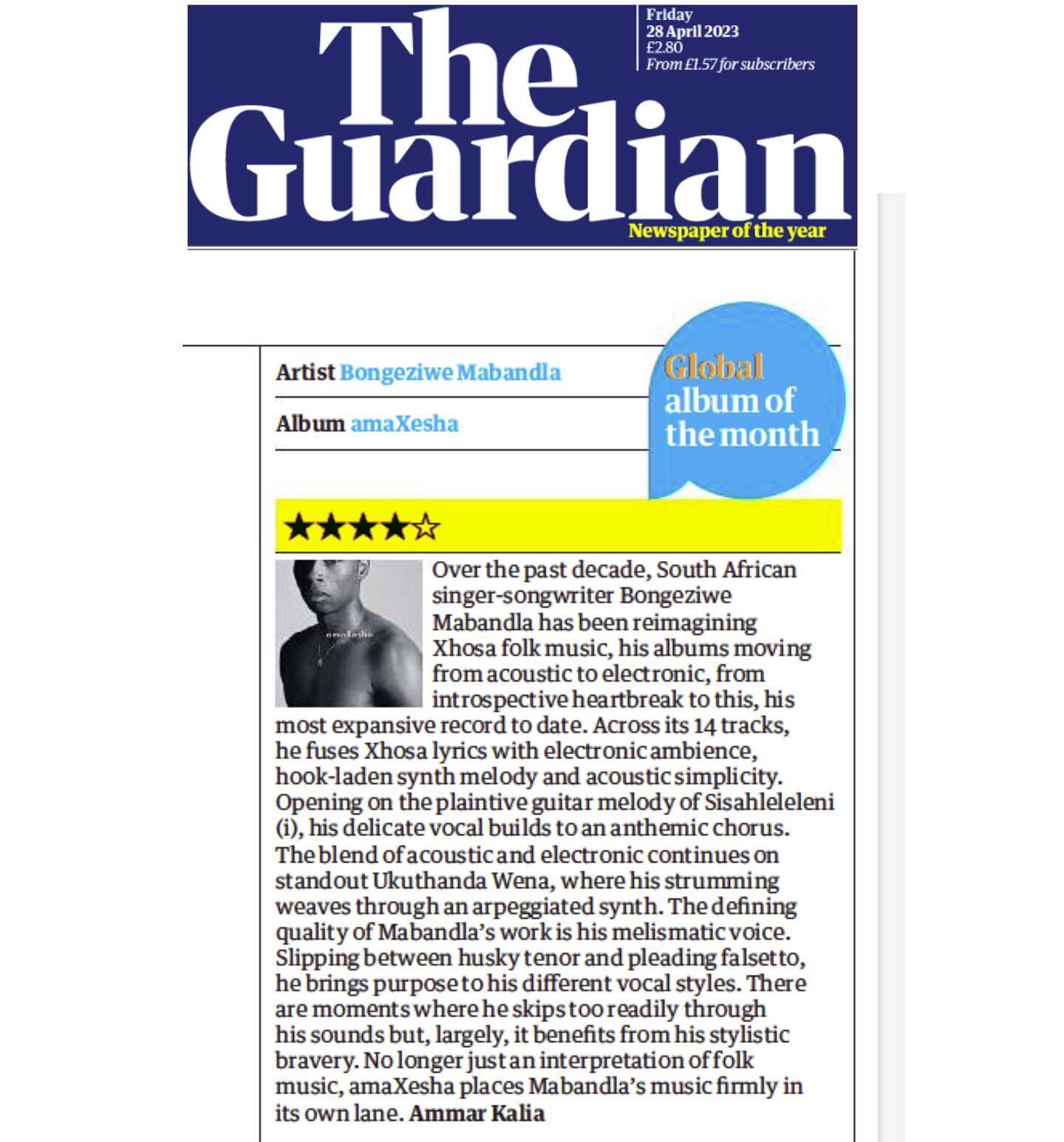 Bongeziwe Mabandla's sublime new album &quot;amaXesha&quot;was made &quot;Global Album of the month&quot; in @guardian today... &quot;The singer-songwriter elevates his reimagining of Xhosa folk music with synth-pop hooks and his melismatic voice&quo