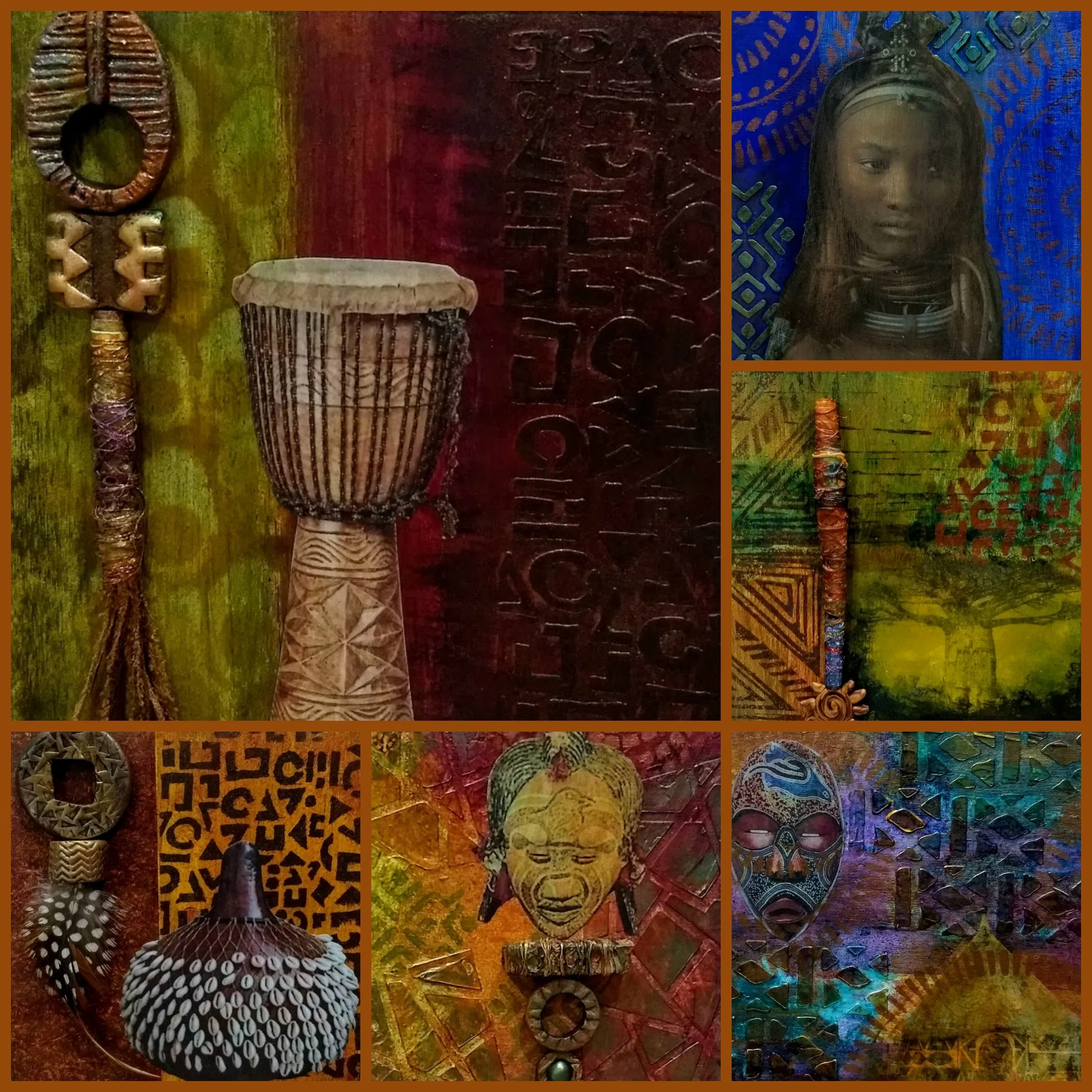 From left: Dreams of Africa: "Djembe", "Himba", "Baobab", "Tribal Home", "River Goddess," and "Shekere". ©2018 Kindred Spirit Studios | Michelle Davis Petelinz
