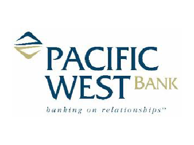 Logo of Pacific West Bank with the slogan 'banking on relationships.'