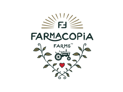 Farmacopia Farms logo featuring a tractor, heart, and foliage design with the text "Farmacopia Farms.”
