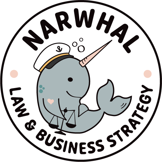 Cartoon narwhal with a sailor hat holding scales in a circular logo with text "Narwhal Law & Business Strategy."
