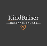 KindRaiser logo with "kindness counts" text and heart icon on dark background.