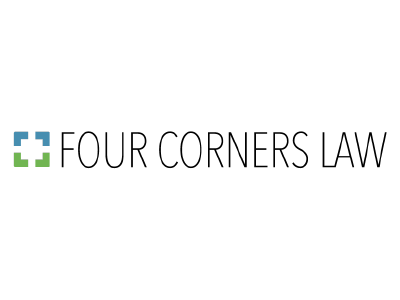 Four Corners Law logo with a square and abstract design in blue and green.