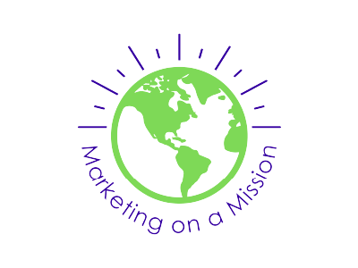 Marketing on a Mission logo with green globe with purple rays.