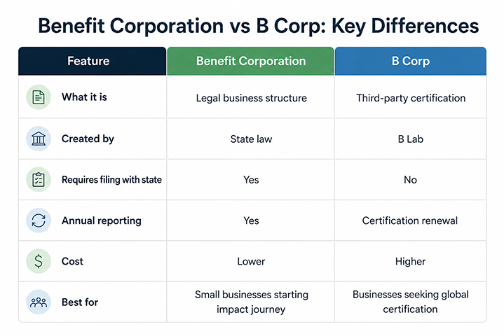 A comparison chart between Benefit Corporation and B Corp highlighting key differences in features such as what they are, who created them, filing requirements, annual reporting, cost, and best use cases.