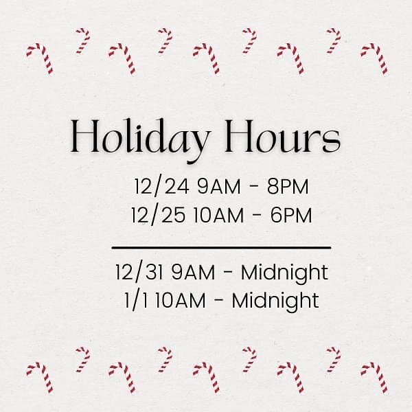 CHRISTMAS EVE | CHRISTMAS DAY HOURS 🎁🎅🏼

12/24 9AM - 8PM
12/25 10AM - 6PM

NEW YEAR'S EVE | NEW YEAR'S DAY HOURS 🙌🎉
12/31 9AM - Midnight
1/1 10AM - Midnight

@southportcorridorchicago / @lakeviewroscoevillage 

#gallerialiquors #southportcorrido