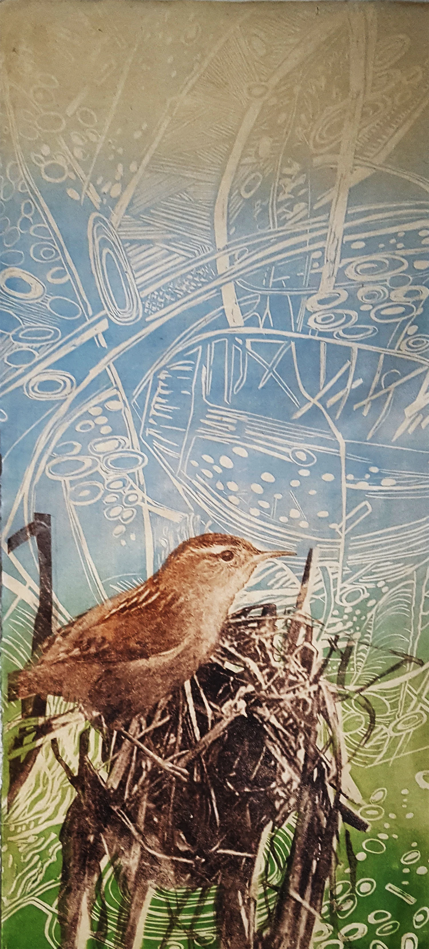 Marsh Wren, 10 ¼ x 23 ¾ inches, Woodcut, Paper Lithography, Screenprint, Archival Inkjet, Japanese paper, 2018