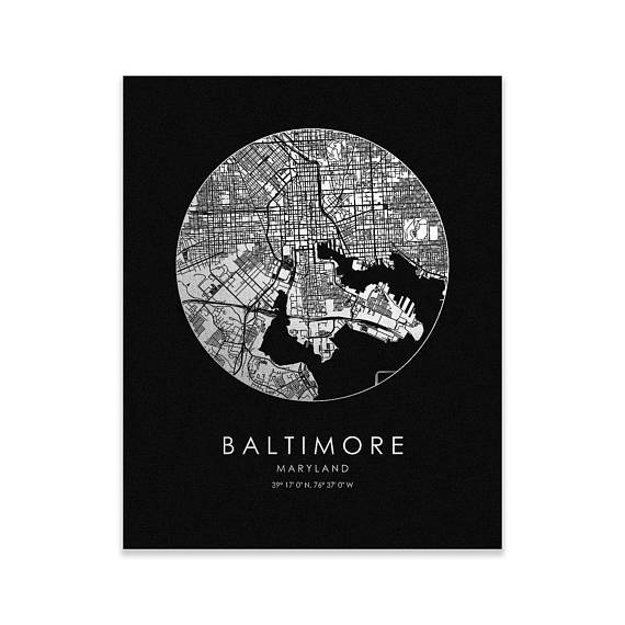 Copy of Baltimore City Map Gold Foil Print, Silver on Black, 8x10