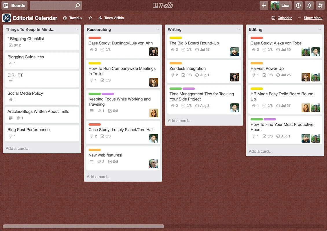 Trello’s overview using kanban-type “lists”
