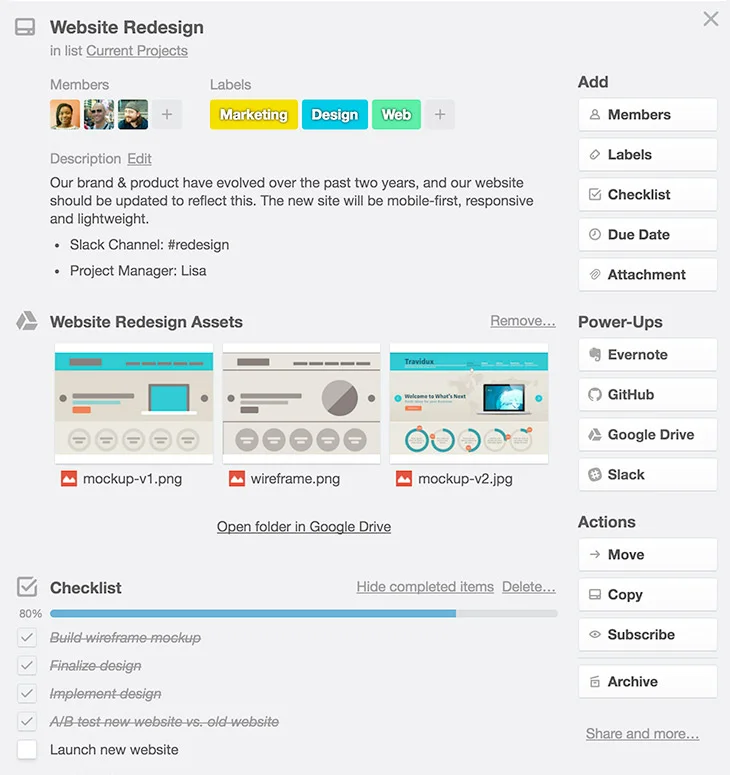 An individual card detail on a Trello board.