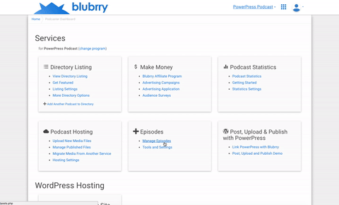 Blubrry’s main dashboard and episode management interface.