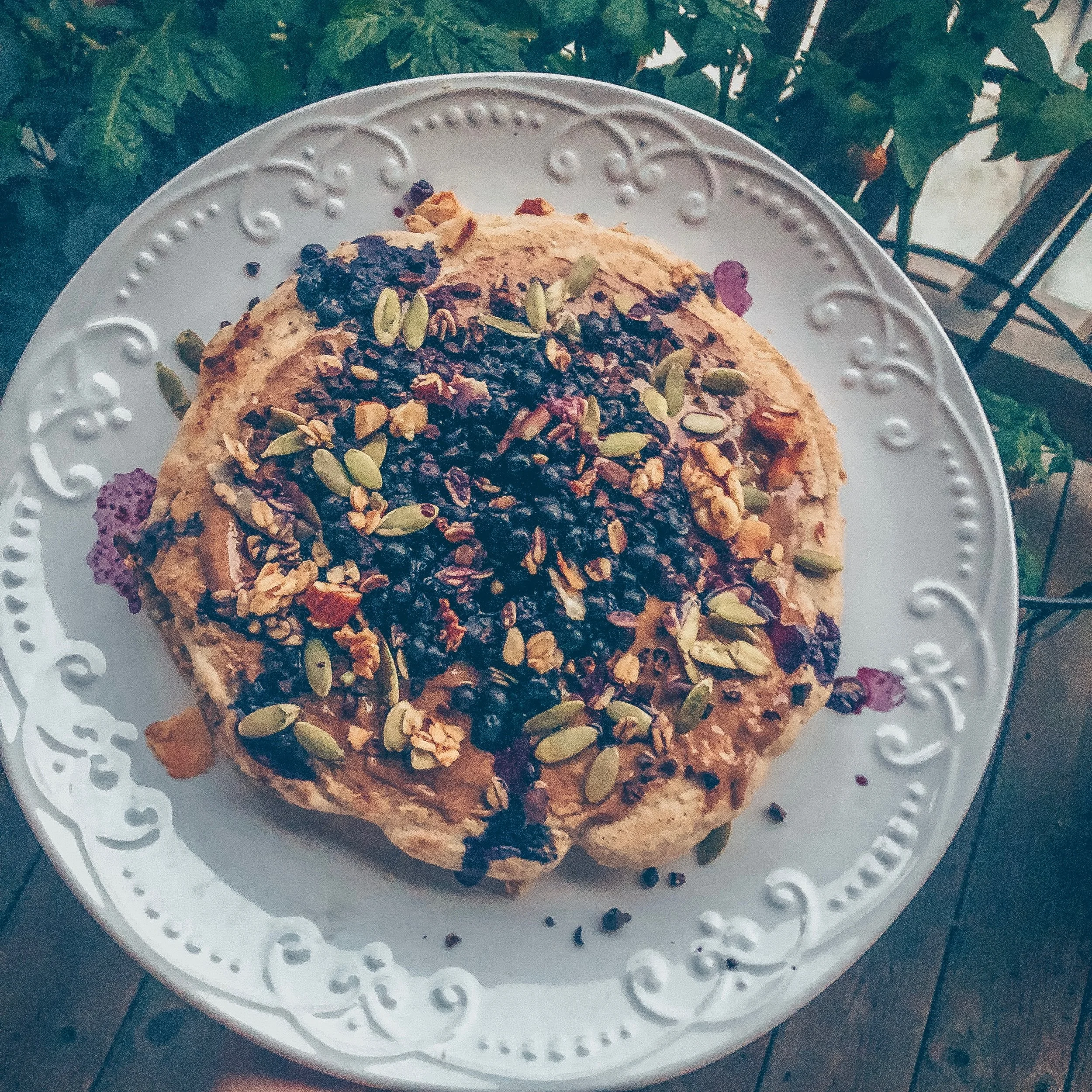 Savory Tahini Pancake w/ Blueberry Sauce