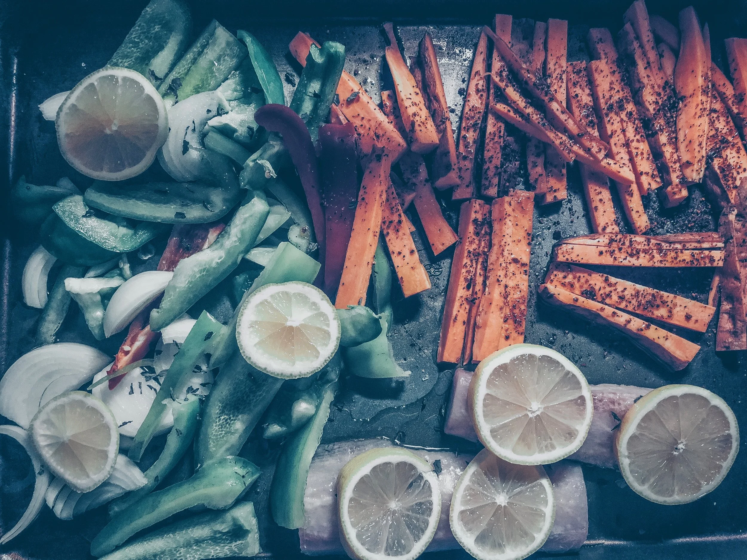 Lemon Basil Mahi Mahi + Roasted Peppers + BBQ Sweet Potato Fries