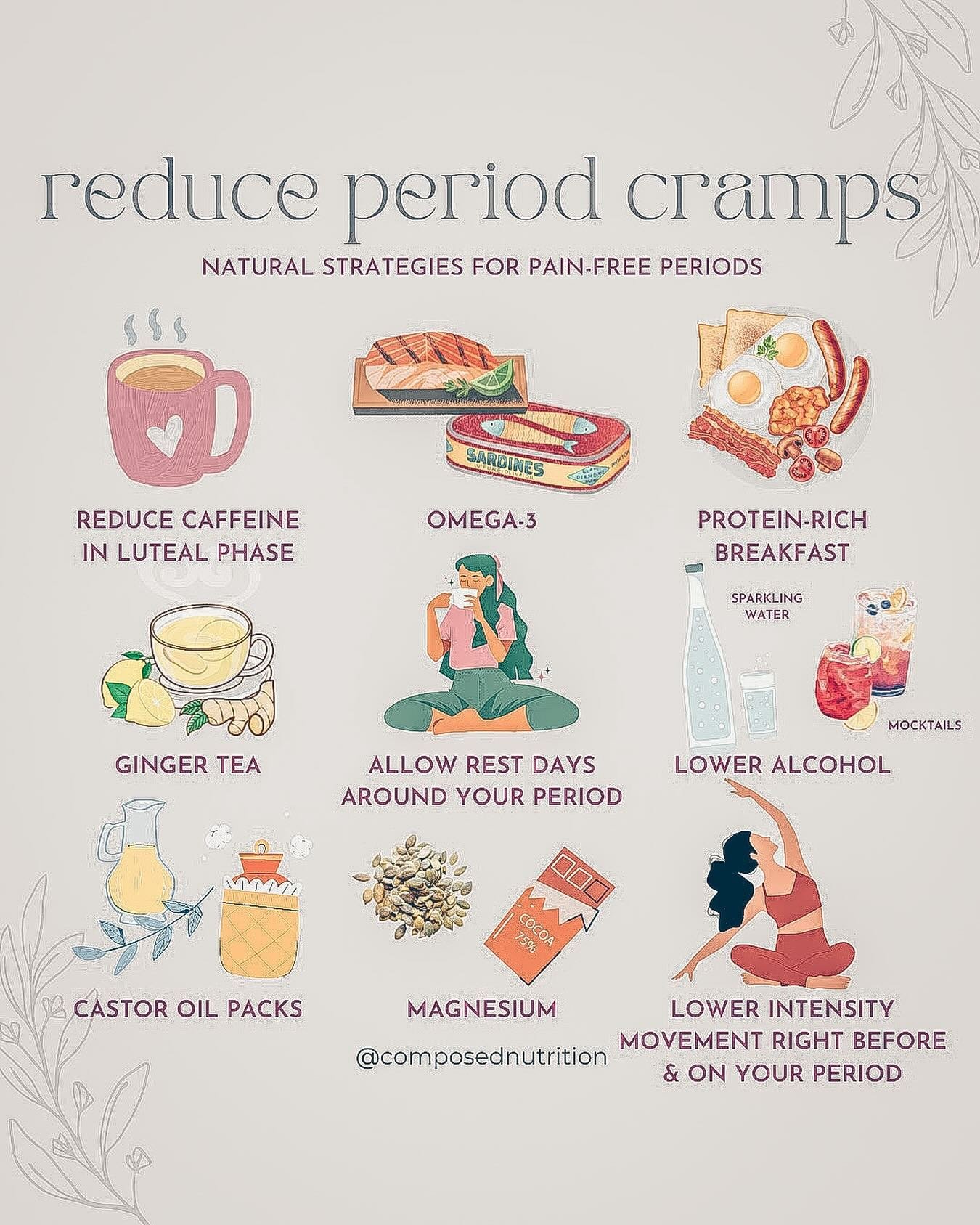 REDUCE PERIOD CRAMPS⚡️

Pain is a common period symptom that can show up in the luteal or menstrual phases (other phases too but these are the most common):
⚡️Cramps
⚡️Breast pain
⚡️Inflamed skin
⚡️Back pain
⚡️Headaches

Last time I polled asking how