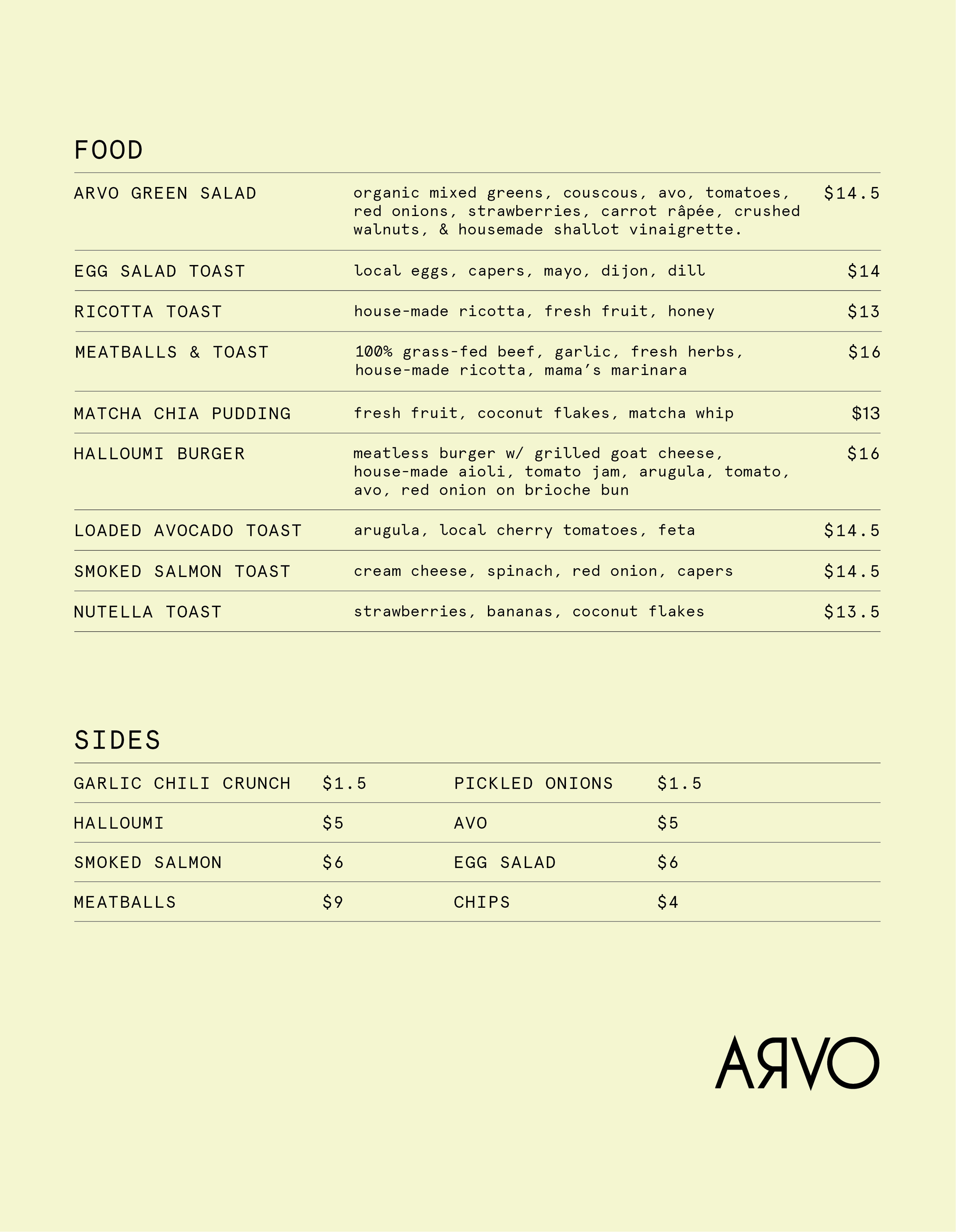 ARVO Salt at Kaka’ako Food Menu