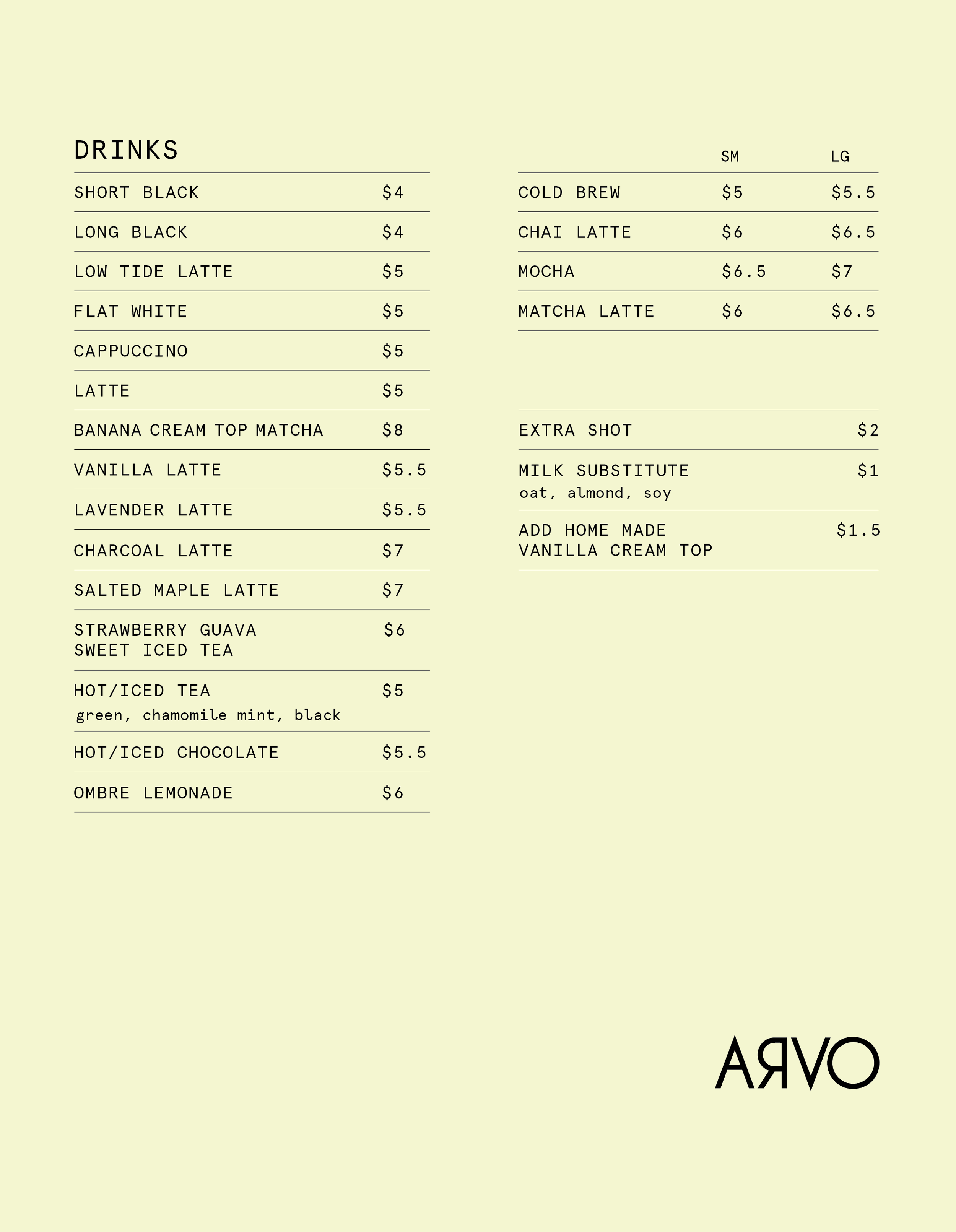 ARVO Salt at Kaka’ako Drink Menu