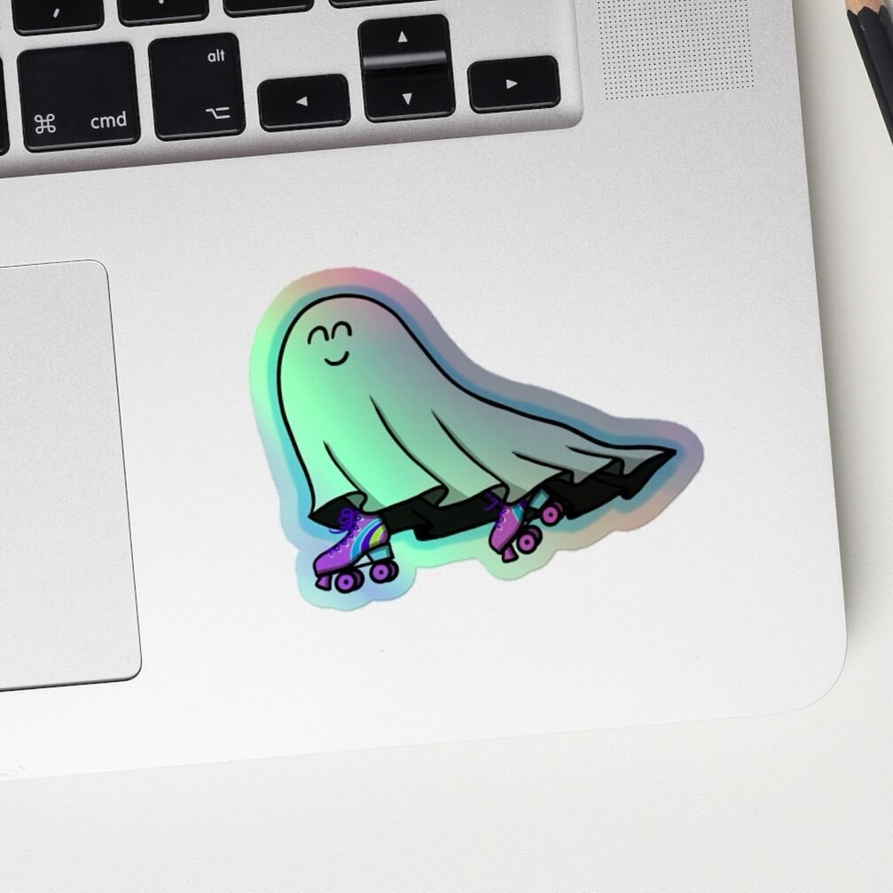 New sticker! Holographic roller skating disco ghost! It&rsquo;s cute! It&rsquo;s shiny! It&rsquo;s a great stocking stuffer! Order this week to have it shipped before Christmas. 
Link in bio!

🛼👻🎄🎉😃

#stickers #ghost #rollerskating #rollerskates