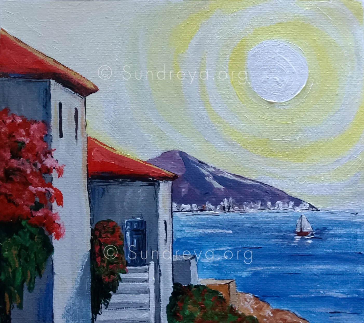 Coastal, acrylic on 5 x 7” canvas fabric