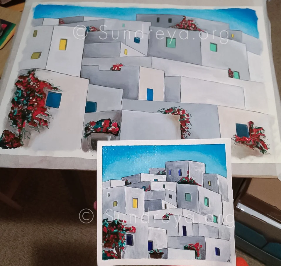 Greece architecture, acrylic on canvas fabric - two sizes: 5 x 7” and 16 x 22”