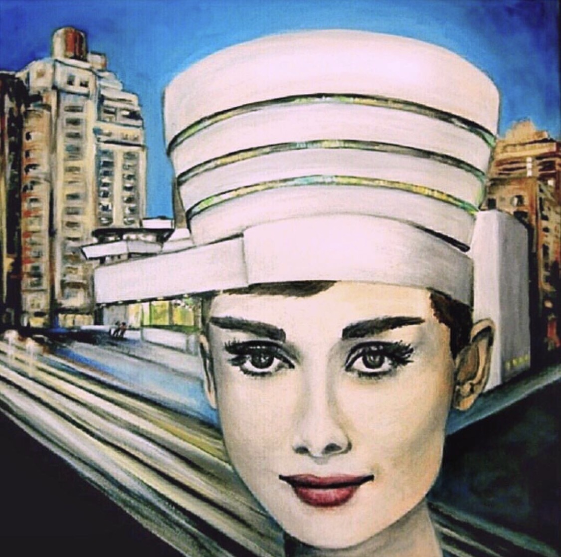"The Night Cap” Acrylic on Canvas, 20x20, 2015 This series " Frankly Speaking" features iconic women wearing Frank Lloyd Wrights buildings as hats. Audrey Hepburn is wearing FLlW’s Guggenheim Museum in New York City