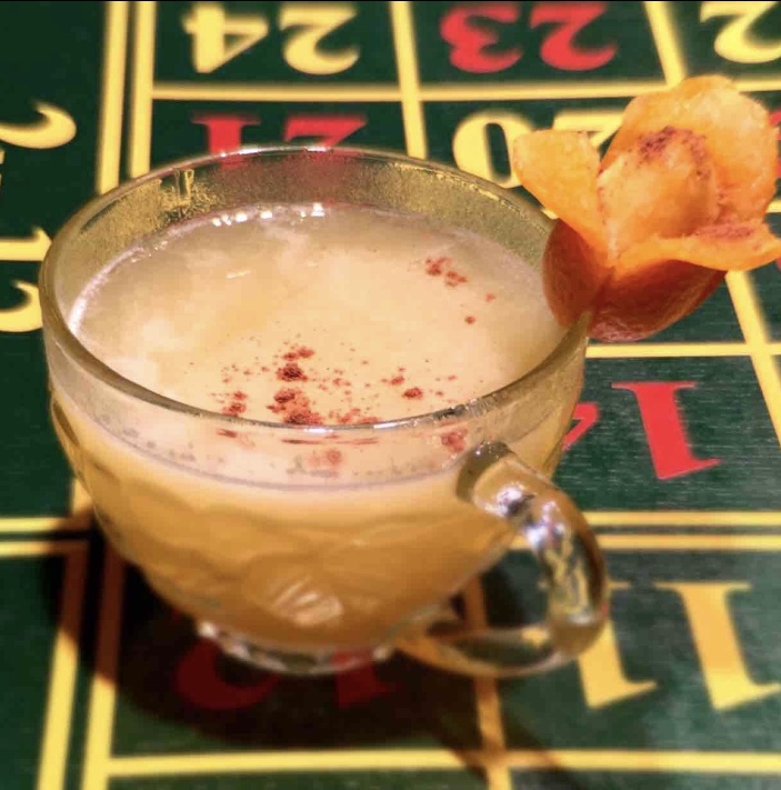 Kumquat and Cinnamon Punch Ingredients: 50ml Vodka, 25ml Fresh Lime juice, 50ml Freshly pressed Kumquat Juice, 1 bar spoon of Passion Fruit syrup, 10ml Vanilla syrup, 1 egg white. Serve: Chilled Tea Cup with Kumquat cut into flower and Cinnamon dusting