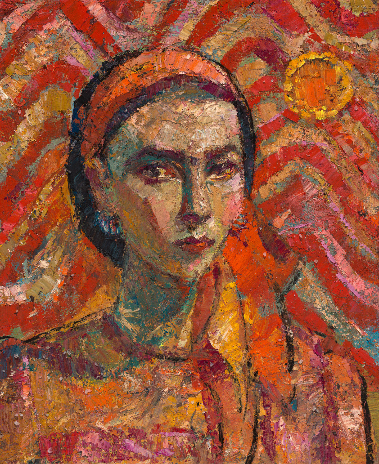 Self-portrait, scarlet wave motif