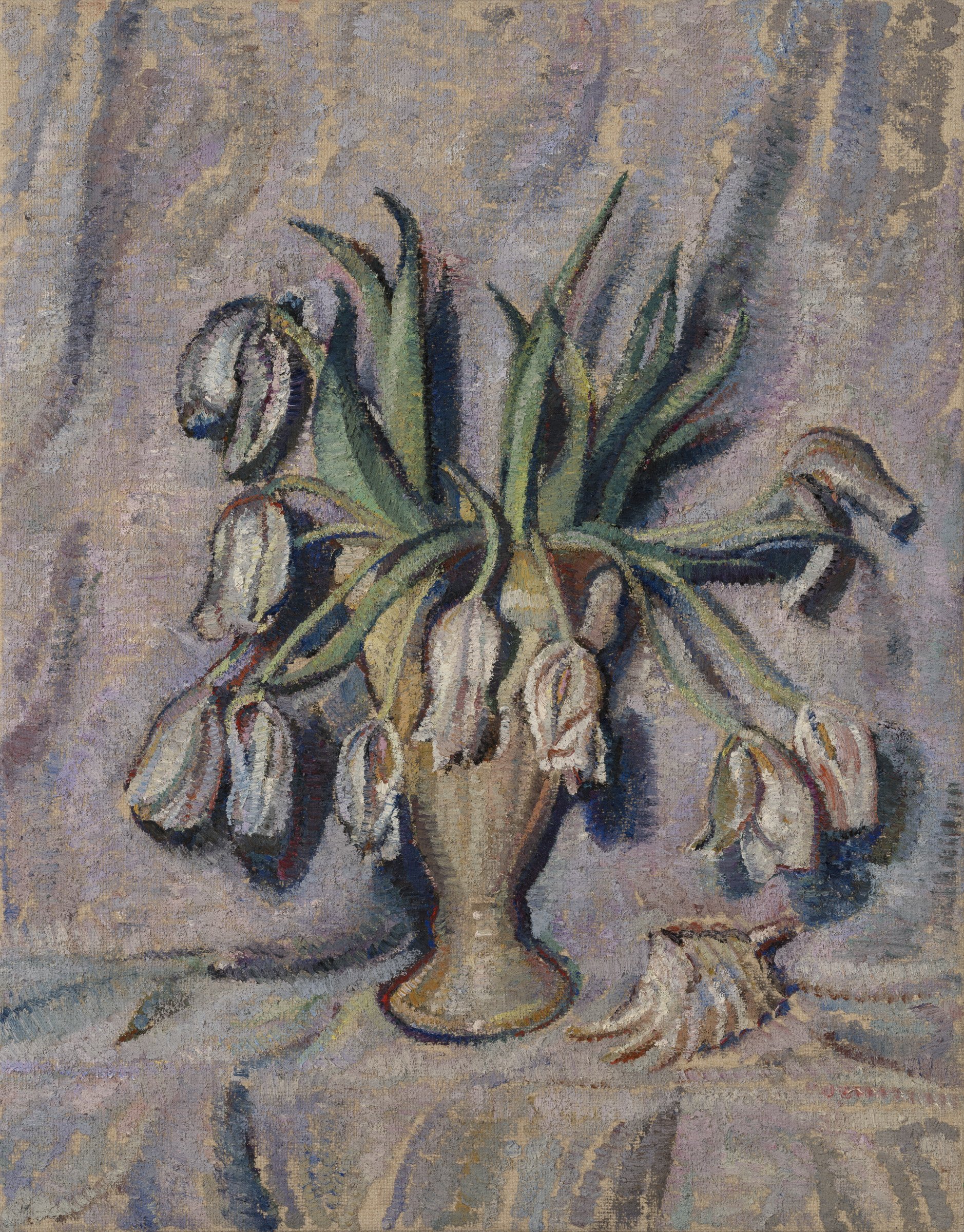 Still life with tulips and shell