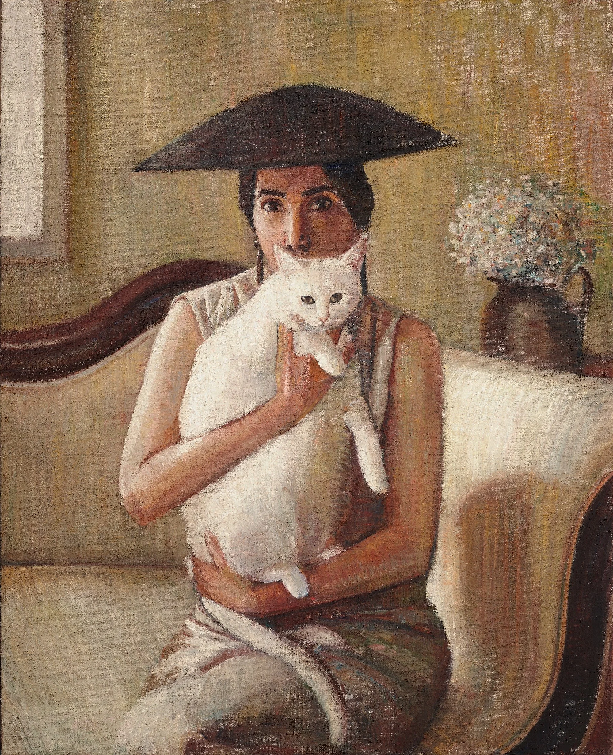 Seated Woman with White Cat, 2026