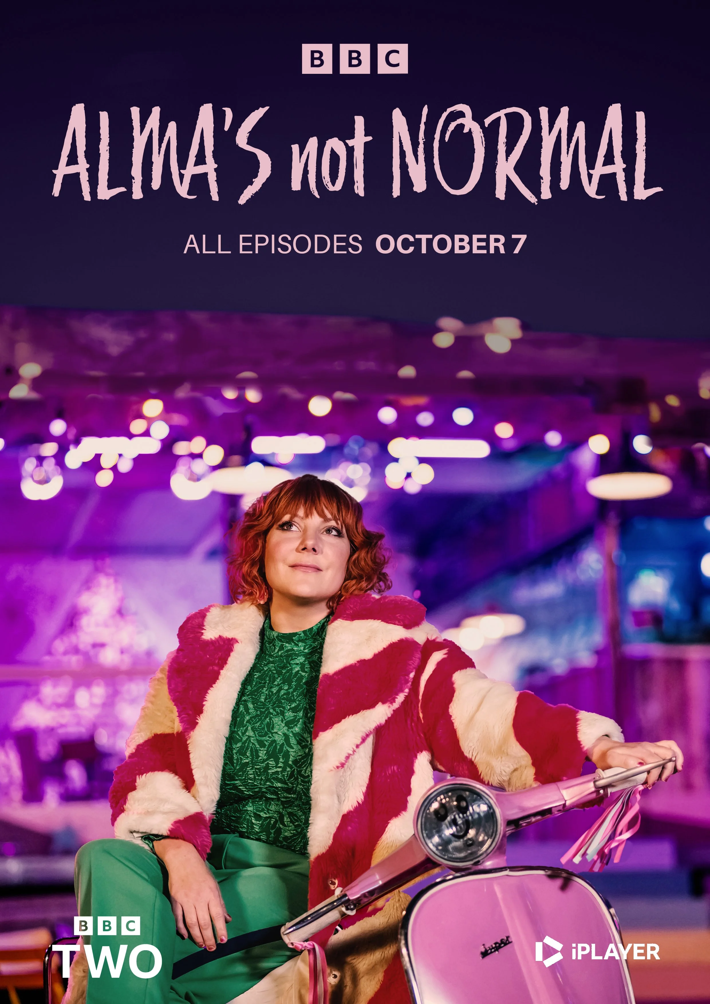 Poster for BBC's 'Alma's Not Normal' featuring a woman with red hair in a colorful coat sitting on a pink scooter in a vibrant, neon-lit setting.